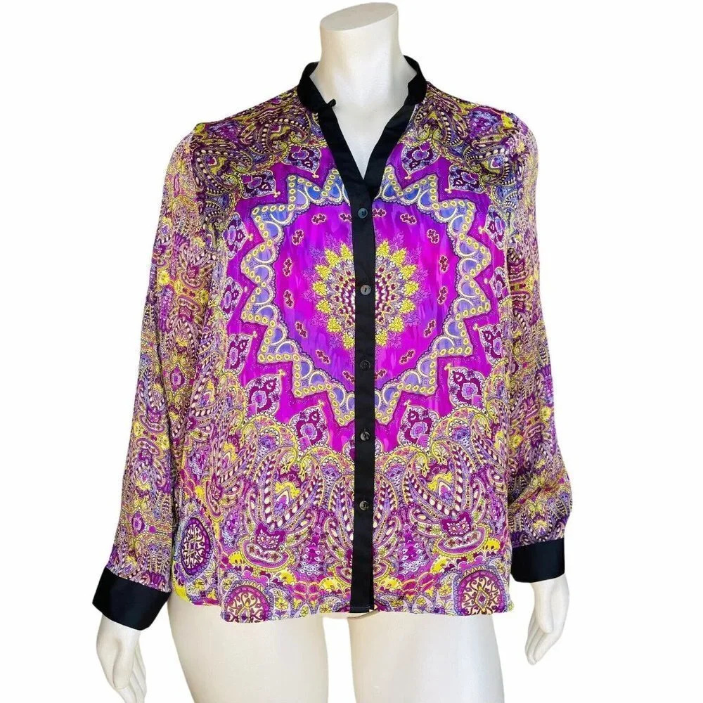 INVESTMENTS Women’s Plus 22W Purple Chartreuse Trim Bohemian Design V-Neck Shirt